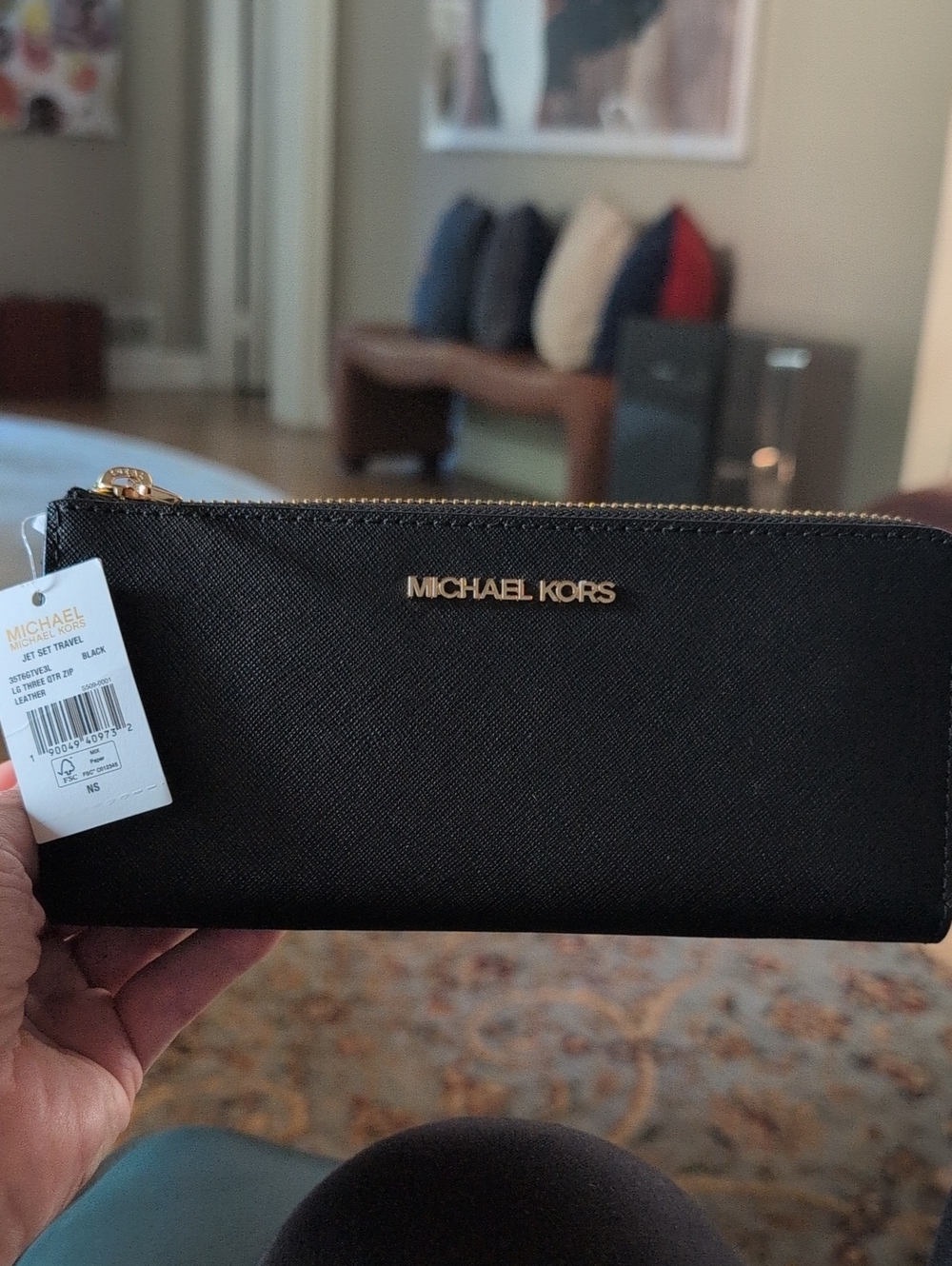 Michael Kors Black 3/4 Zip-Around Saffiano Wallet with Gold Hardware